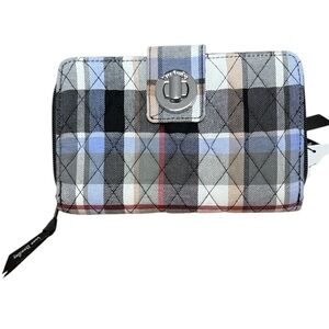Vera Bradley Plaid RFID Turnlock Wallet Black Gray Blue Quilted NWT